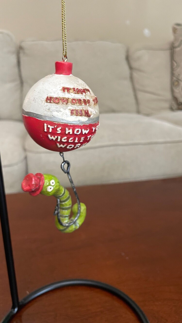 Kurt Adler Vintage Fishing Bobber Ornament Red White Green Worm Hook